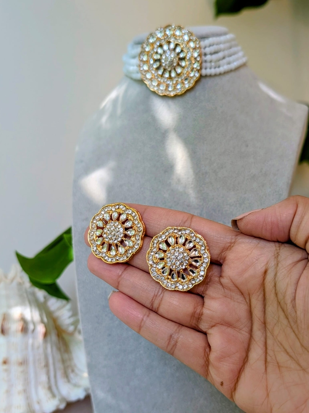 Gold Floral Crystal Necklace and Earrings Set in White